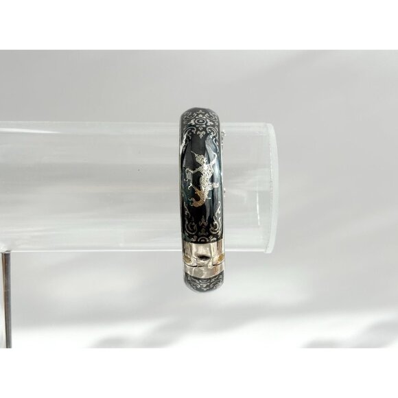 Siam Sterling Silver 925 Hand Carved Hinged Enclosure Vintage Bangle Bracelet - Picture 11 of 16